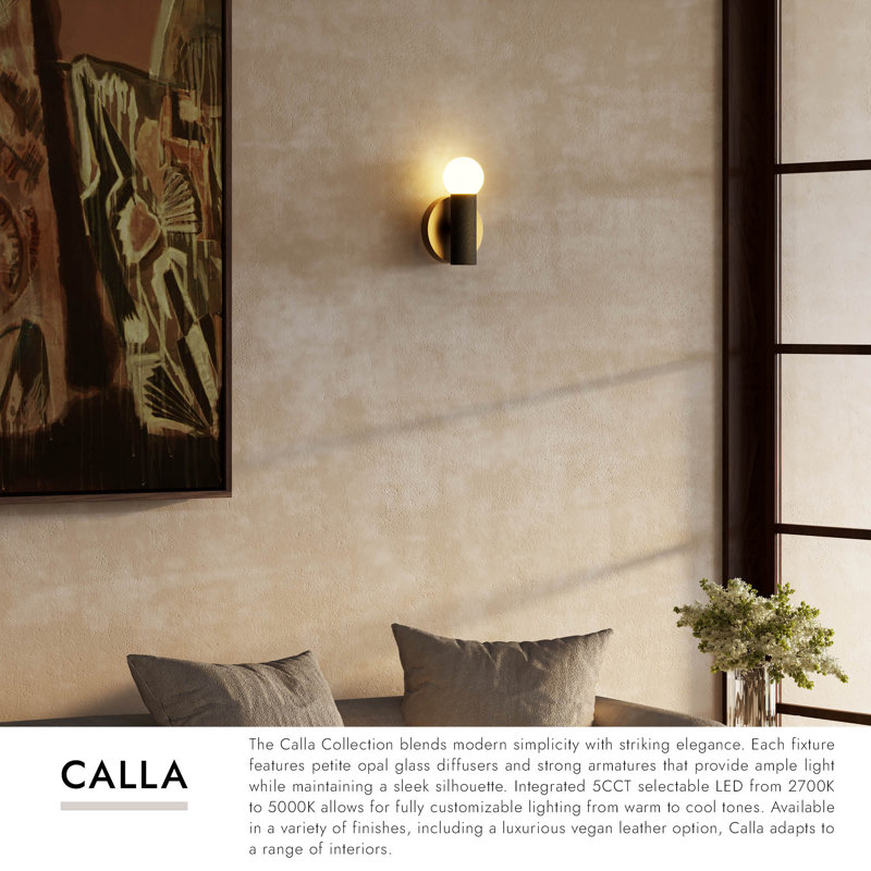 1 - Light Flush Mounted Sconce, Brushed Gold/Black Vegan Leather