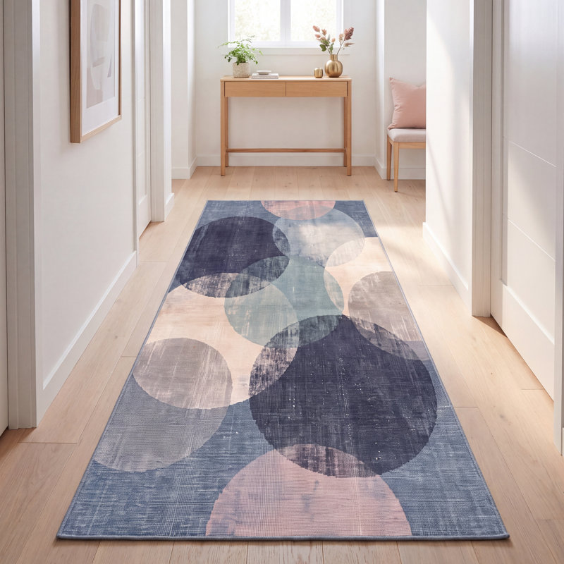 Tapis Canyon Modern Circles à motifs géométriques bleu marine, turquoise, gris, crème et rose, lavable à la machine, antidérapant, à poils courts, pour l'intérieur et l'extérieur, adapté aux animaux domestiques, idéal pour le salon, la chambre, la salle à manger, l'entrée, le couloir ou le bureau.