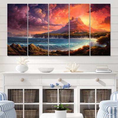 Paradis tropical volcanique - salon d'art mural côtier - 5 panneaux égaux