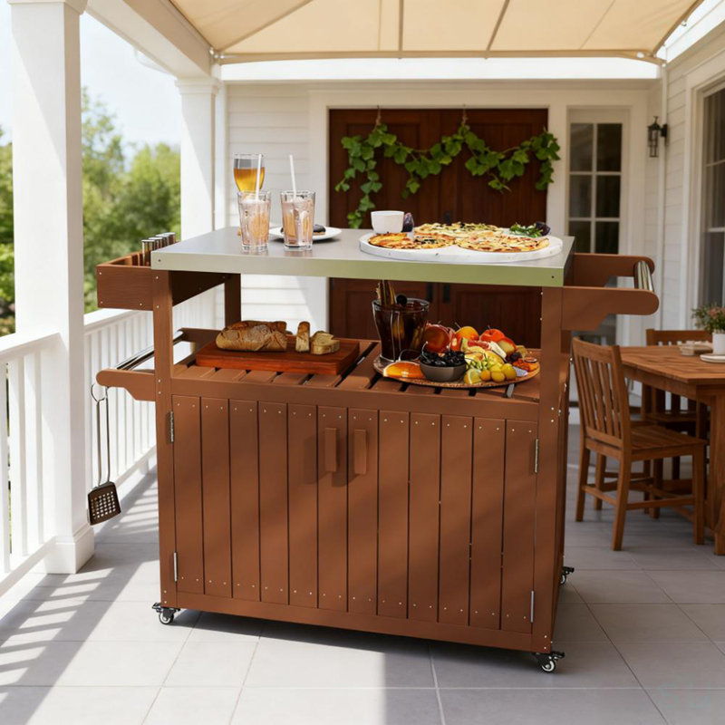 Easy To Move Outdoor Table Top,Outdoor Bar Cart With Storage,Wheeled Kitchen Island For Food Prep, Brown/Silver