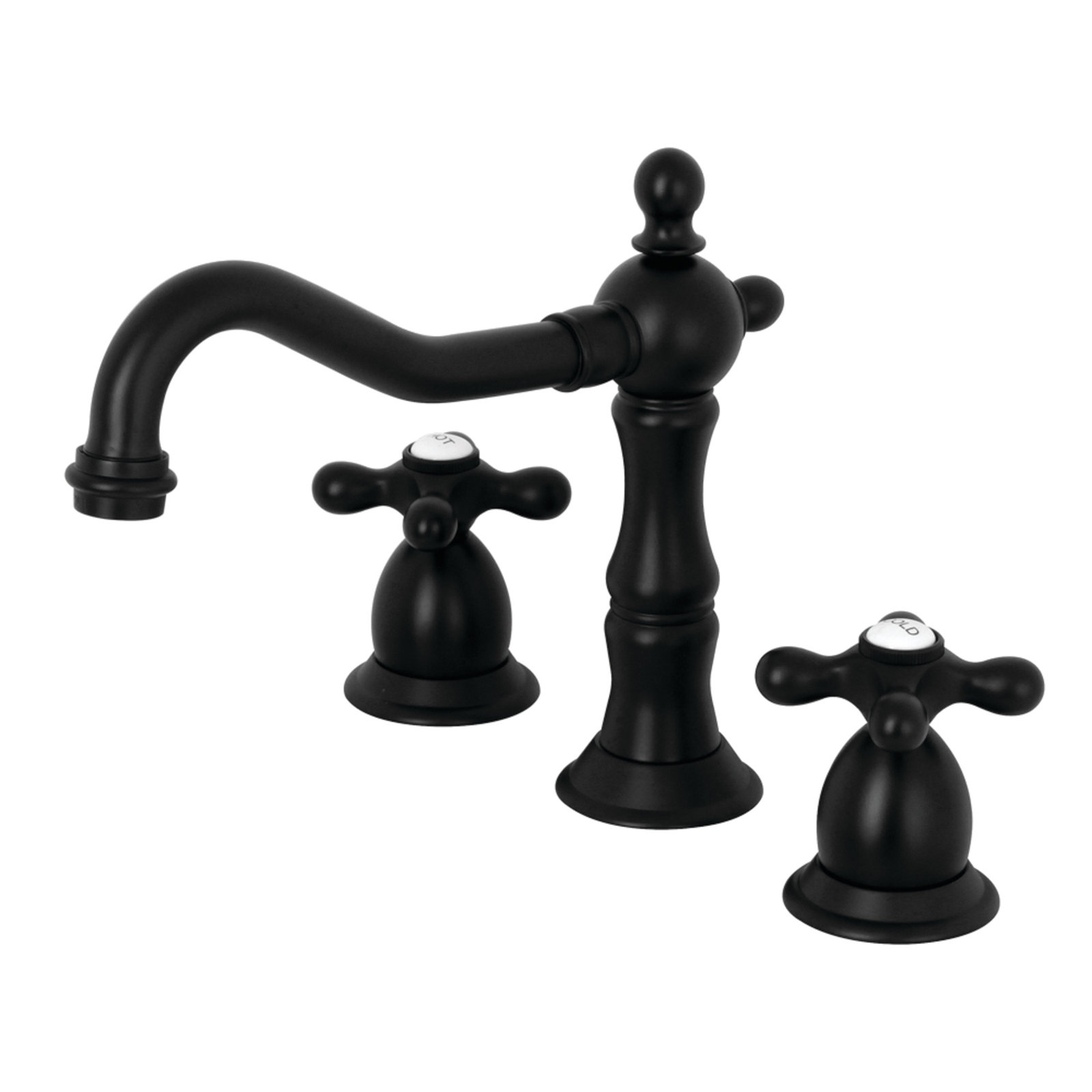 Kingston Brass Heritage Two-Handle 3-Hole Deck Mount Widespread Bathroom Faucet with Brass Pop-Up Drain, Matte Black/White