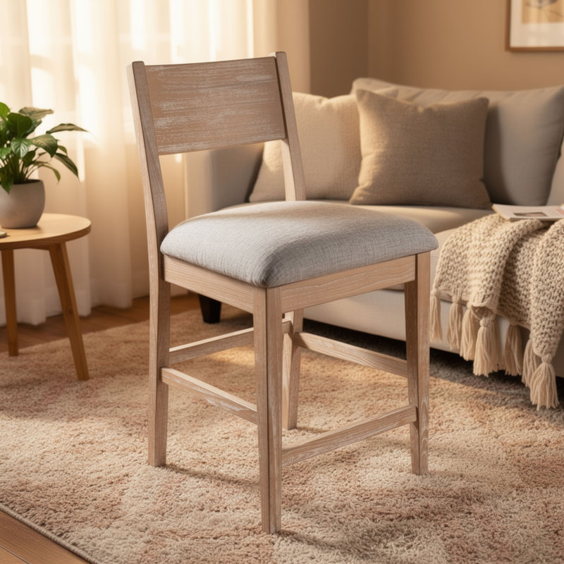 Ensemble de 2 chaises à hauteur de comptoir Casy, coussin gris, bois massif brun naturel