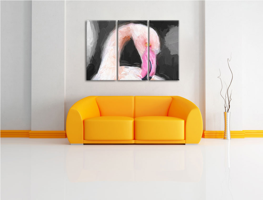 3-tlg. Leinwandbilder-Set „Schöner Flamingo putzt sein Gefieder“, Kunstdruck