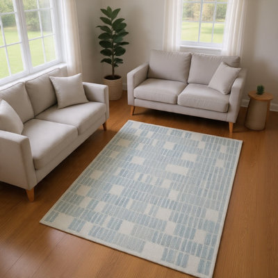 Tapis en laine Dyni, géométrique, bleu côtier et polyester ivoire 8 x 10