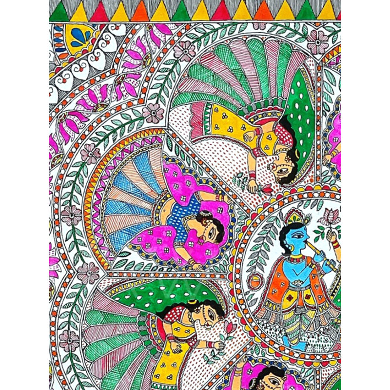 Krishna Raas - Peinture Madhubani | Acrylique sur feuille faite à la main | Par Urwashi Nirala