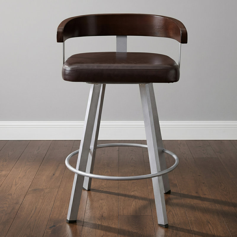 Tabouret tournant 29,5 "avec dossier en bois massif et siège rembourré, Argent, Siège brun