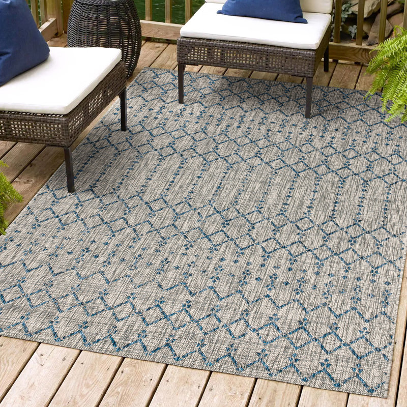 Tapis d'intérieur / extérieur Crompton, Rectangle 3 pi 1 po x 5 pi, Gris clair / Marine