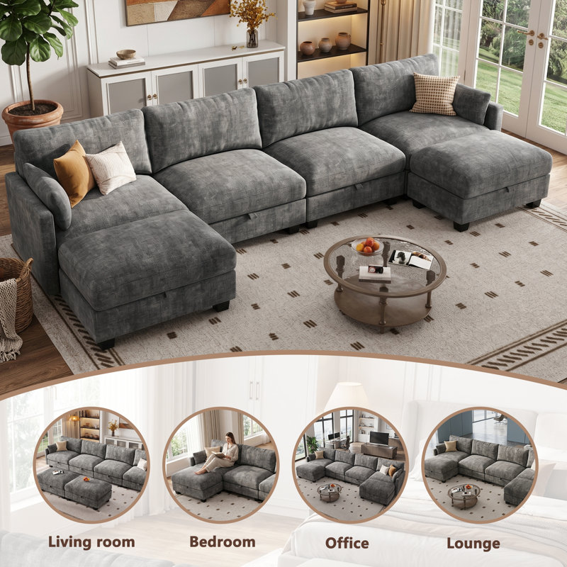 Modular Sectional Couch for Living Room, Comfy Sofa with Storage Seats and Ottoman, Gray, 33.4" H x 132.3" W x 54.8" D