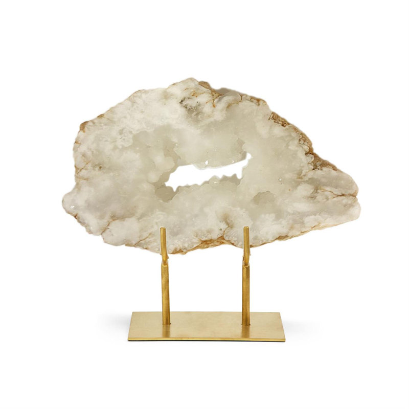 White Quartz Geode Slab On Gold Stand