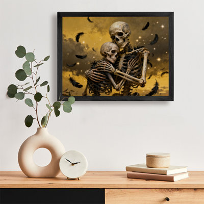 Art encadré noir squelette rétro embrassé avec chaleur, collision de la vie et de la mort