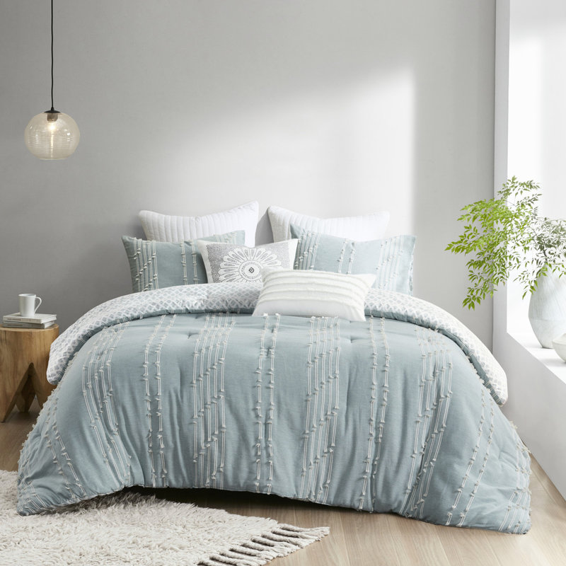 Ensemble de literie en coton 3 pièces pour grand lit - rayures brodées et encre de qualité + édredon ivy double / grand avec texture respirante