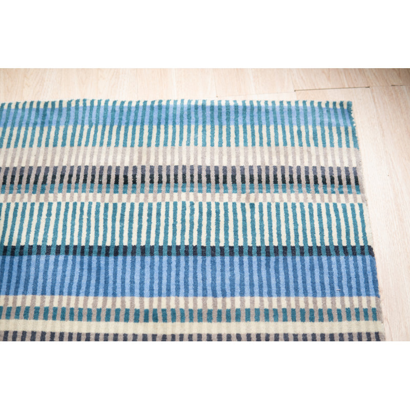 Hand-Knotted Blue Striped Wool 4' x 6' Area Rug