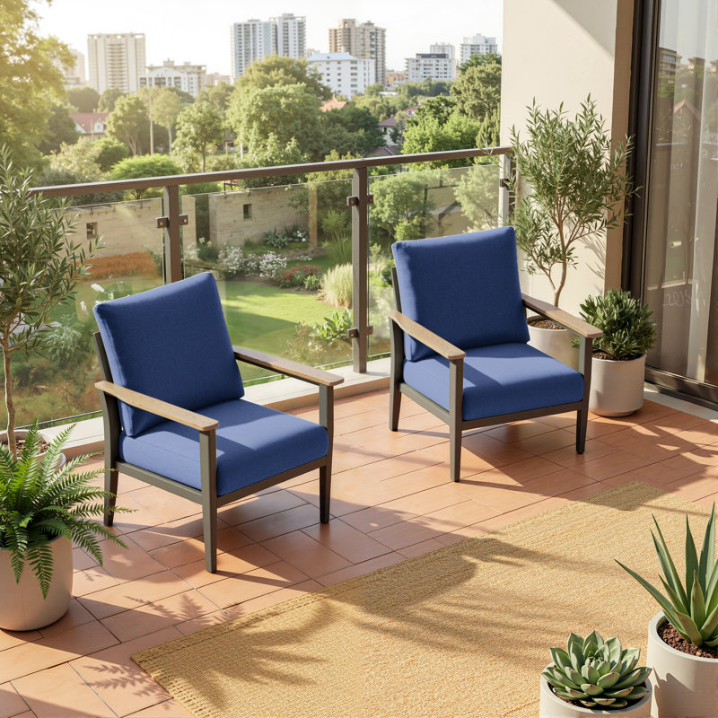 27" Wide All Weather Aluminum Ladder Back Patio Armchair with Wooden Arm, Navy Blue
