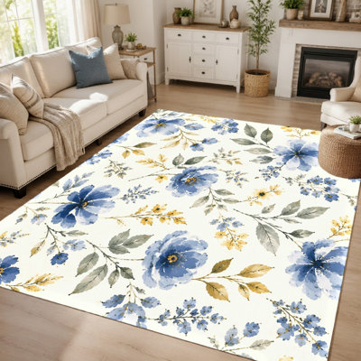 1Pcs Artistic floral pattern - low plush, washable, thin rug, non-slip backing, suitable for living room, bedroom, kitchen and office indoor use for home detor