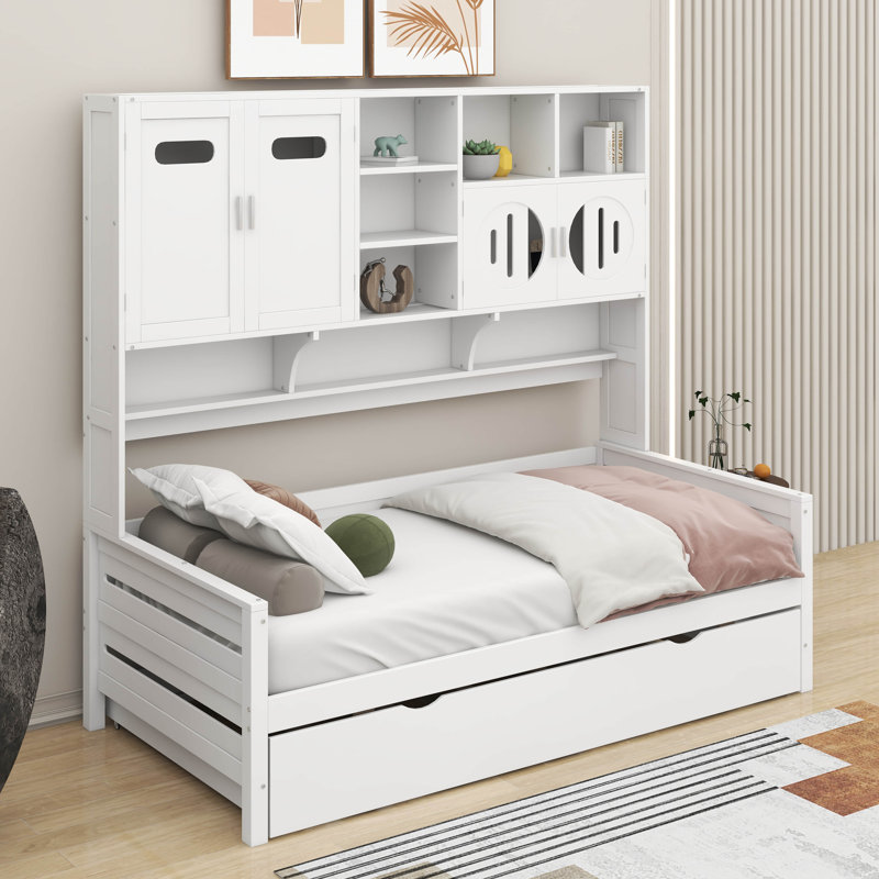 Lit de jour en bois avec lit gigogne et armoire et tablette tout-en-un, Lit simple, Blanc