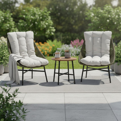Ensemble de conversation de patio 3 pièces avec coussins - Chaises en corde Boho, coussin épais et table d'appoint ronde en bois, canapé pour jardin / cour arrière / porche gris clair
