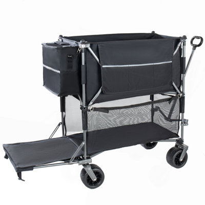 55" Heavy Duty Double-Layer Wagon With Brakes,560LBS Double Decker Wagon, 650L Collapsible Wagons Carts With 7''X4''all-Terrain Wheels For Sports,Camping,Fishing,Transport, Black