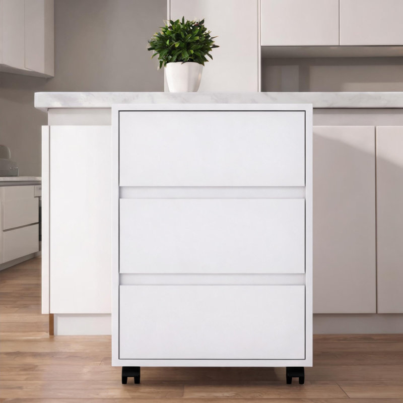 Particle board 3 drawer filing cabinet for home office organization classic white with four casters compact size