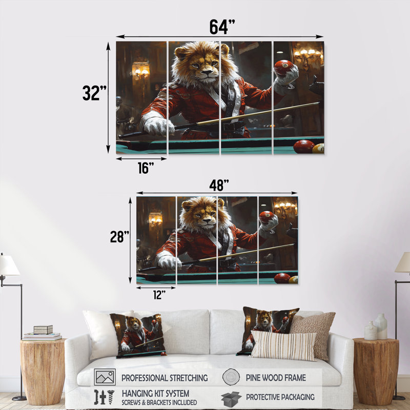 Lion rouge jouant au billard - ensemble de reproductions d'art mural billard, H 32 po x l 64 po