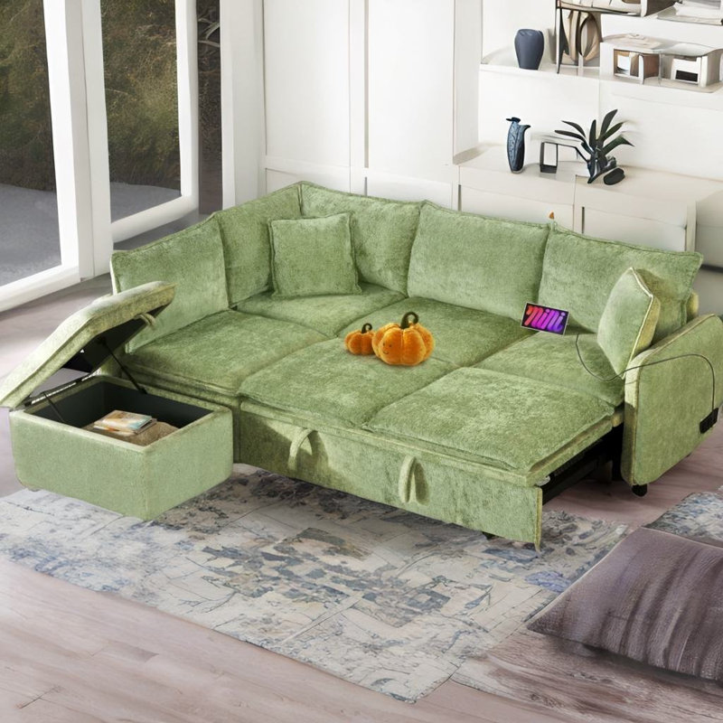 Canapé modulaire et canapé-lit Ottobert 82,67 po Chenill, Chenille verte / rembourrage en mousse