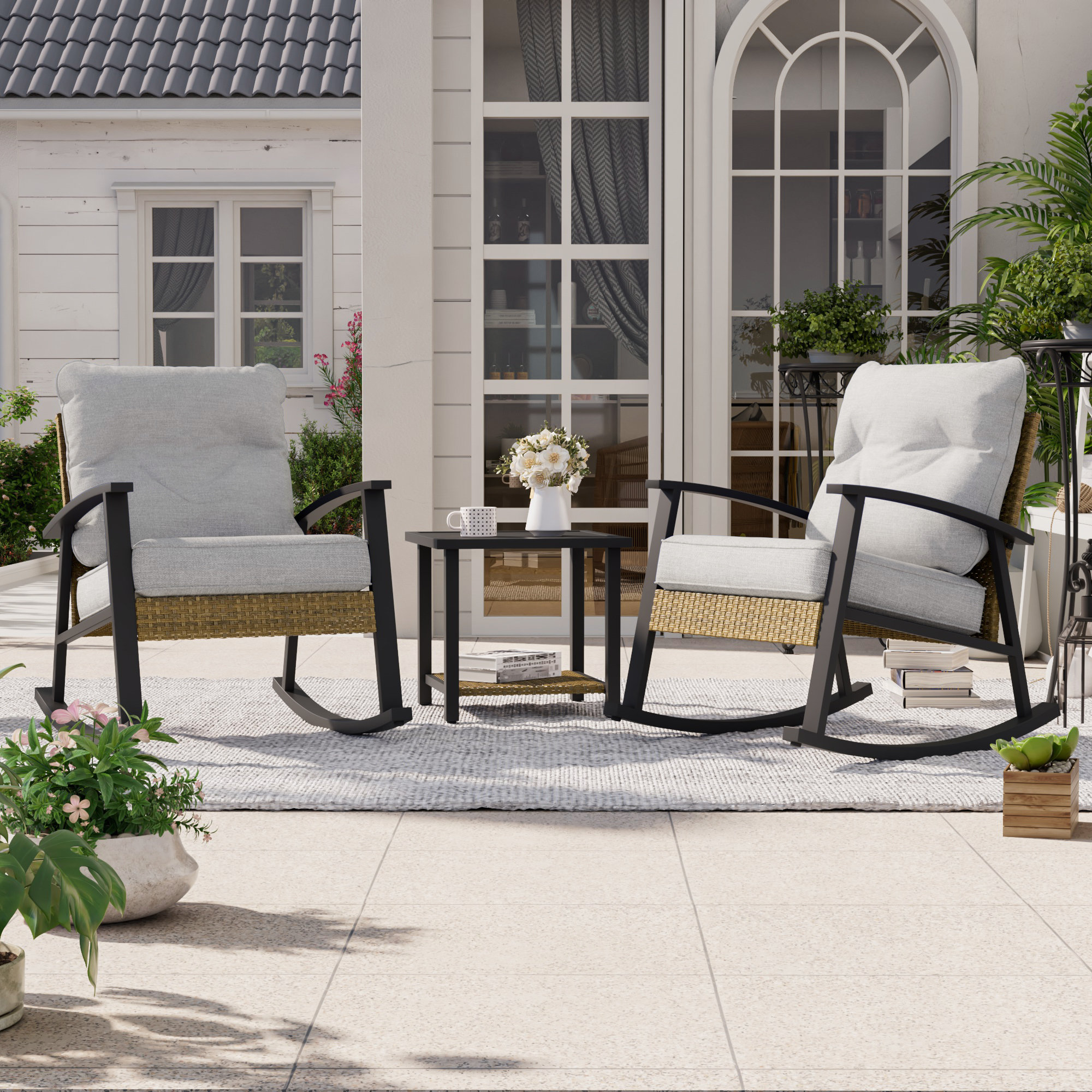 Ebern Designs 3 PCS Patio Seating Group, Rocking Chair Sets with Cushions and Metal Coffee Table | Wayfair