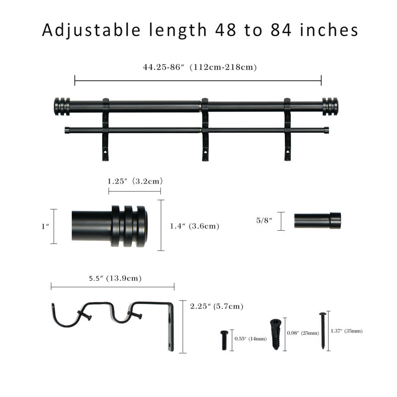Garbani Adjustable Overall Width x 1" Diameter Double Curtain Rod with Conti Finials, 48" - 84", Carbon Black