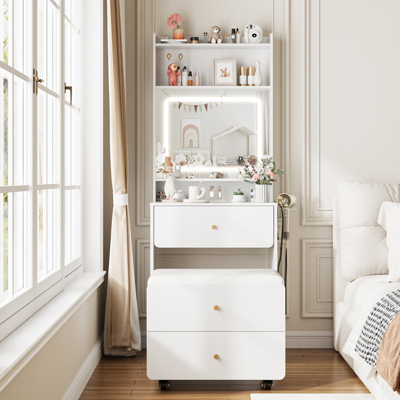 Small Vanity Desk Set With 3 Adjustable Lighted Mirror, White