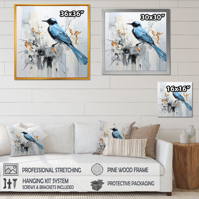 Oiseau bleu fleurs minimalisme sur toile, H 24 po x l 24 po x P 1 po