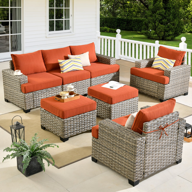 7 - Person Patio Furniture Set with Chairs, Outdoor Wicker Rattan Sectional Seating Group with Cushions, All Weather Sofa Conversation Set with Ottomans for Garden Backyard