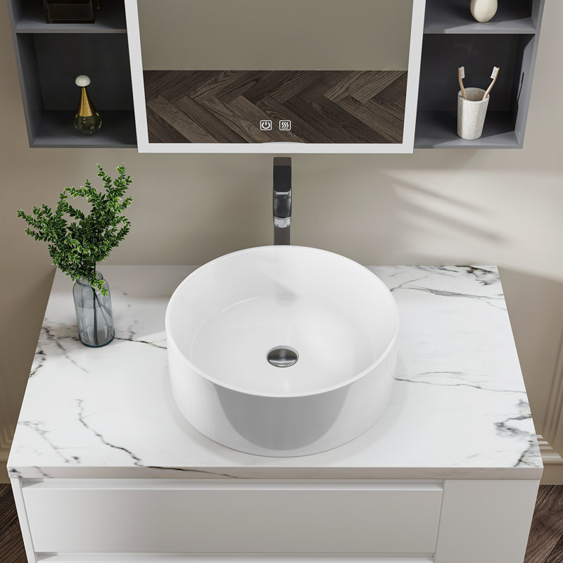 Sinber 18" x 18" x 6.3" White Round Ceramic Countertop Bathroom Vanity Vessel Sink