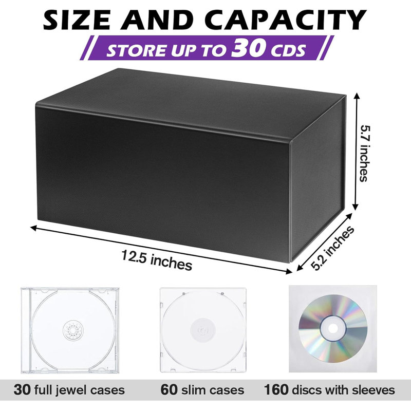 Étui de rangement en CD 12,5 po x 5,2 po x 5,7 po - Organisateur de fermeture magnétique d'une capacité de 30 rubis pour les amateurs de musique rétro