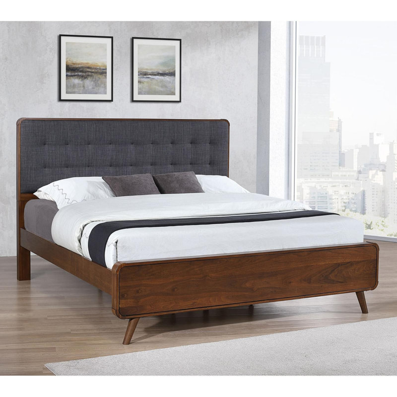 Lit rembourré Mid-Century moderne pour chambre à coucher, Très grand lit, Noyer foncé