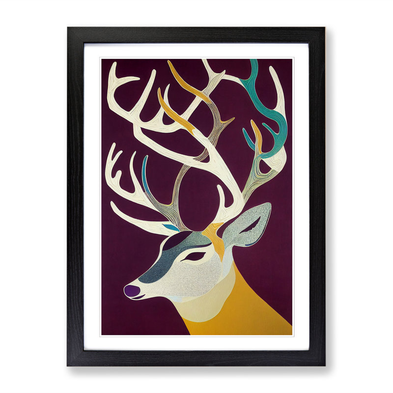 Retro Art Deer - Single Picture Frame Print, 64cm H x 46cm W x 2cm D, Black