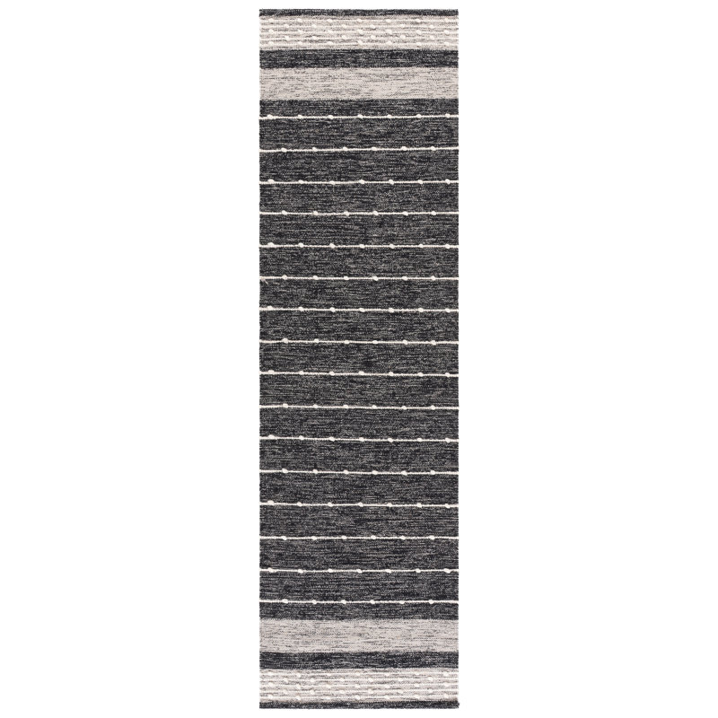 Henneman Hand Woven Cotton/Wool Striped Rug in Black/White, Runner 2'3" x 8'
