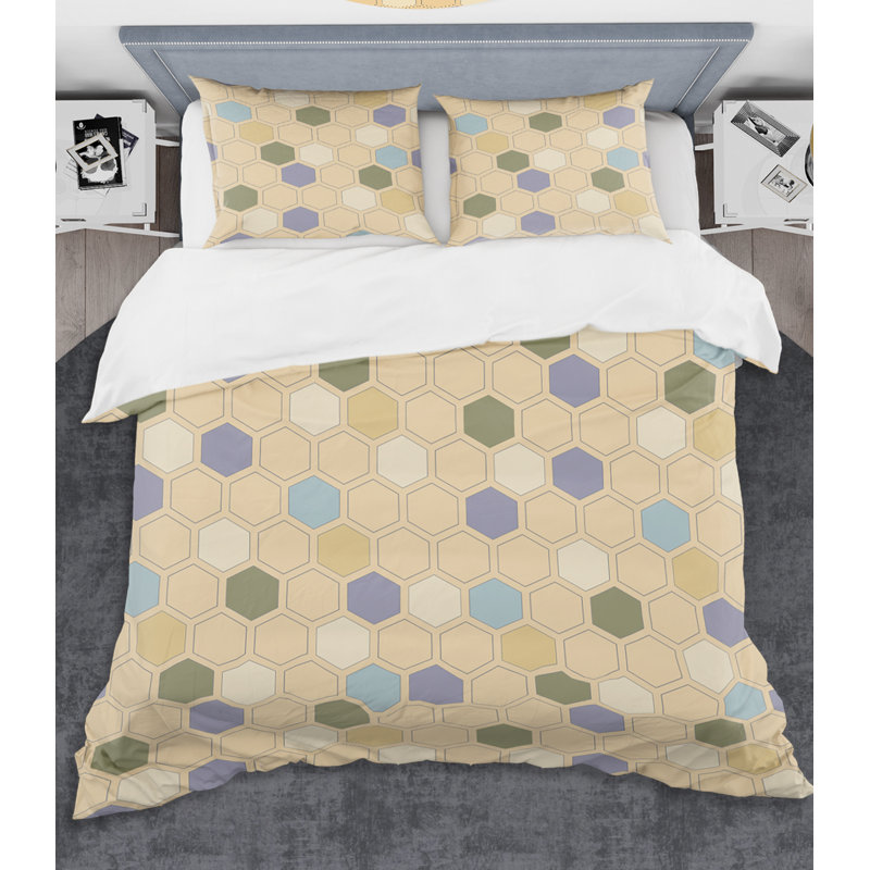 Ensemble de housse de couette rétro hexagonal patternx mid-century, Housse de couette très grand + 2 taies décoratives