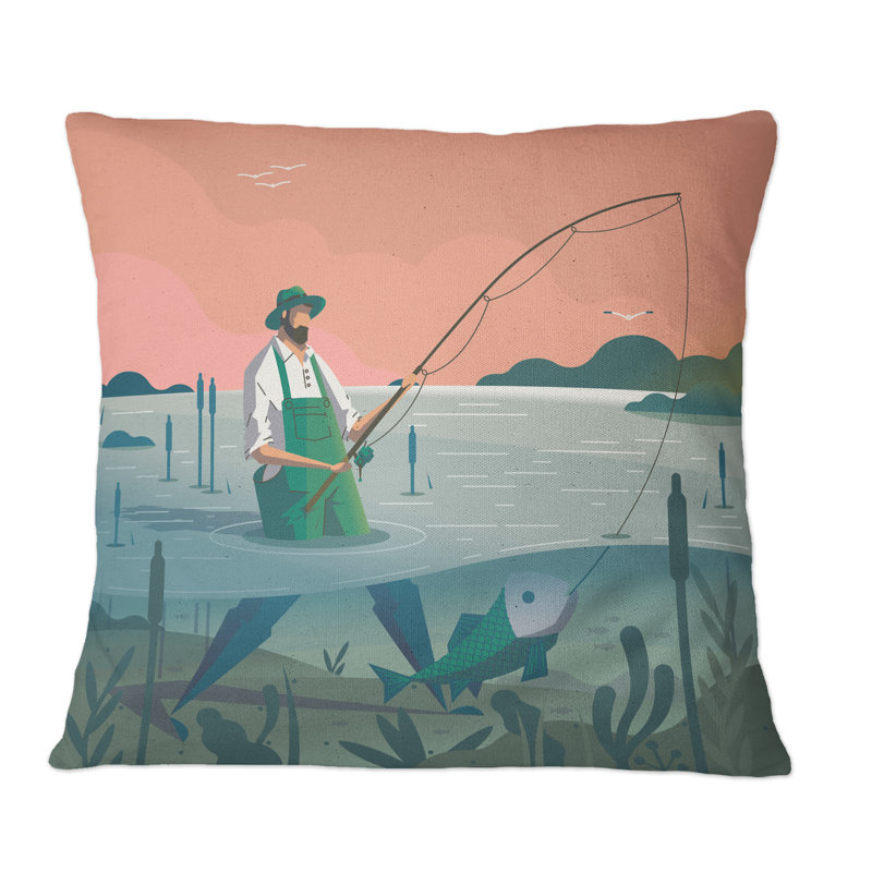 Homme debout dans un étang de pêche - Coussin décoratif imprimé nautique et côtier, 18 po x 18 po