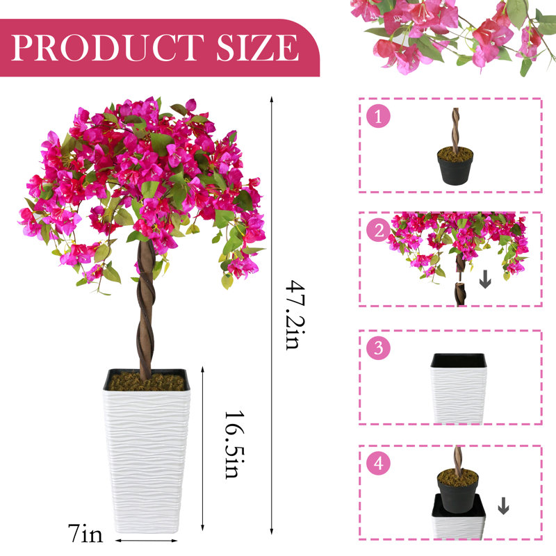 Artificial 4FT Flower Plant Tree with Planter, Rose Red