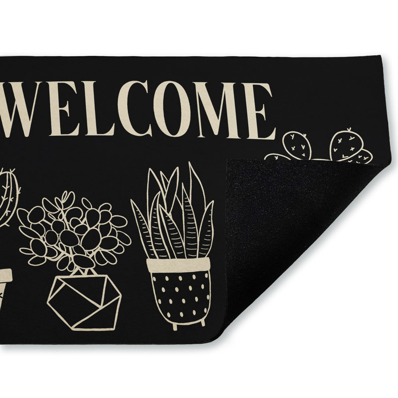Tapis d'entrée noir et crème Cactus Welcome, imprimé par Deane Beesley, 18 po x 30 po