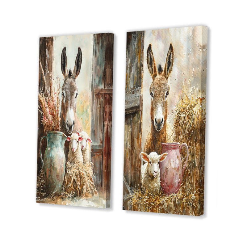 Portrait d'âne et d'agneau à la grange I - Collection d'art mural animaux 2 pièces, H 32 po x l 33 po, Toile tendue