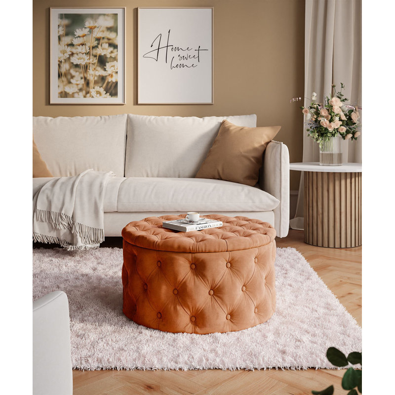 CHESTERFIELD Round Upholstered Pouf Hocker 70 cm, Orange Polyester