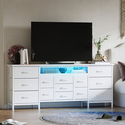 70 Inch Long Dresser with 13 Fabric Drawers and LED Lights, Wide Chest of Drawers TV Stand for 65-80 Inch TVs, Large Bedroom Storage with Power Outlet by Ebern Designs