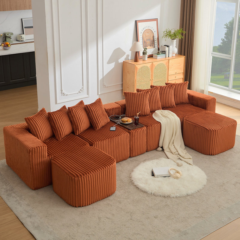 [NEW ARRIVED] [VIDEO PROVIDED] 137.5" U Shaped  Sofa , USB & Wireless Charge, Coffee Table Board With A Cup Holder, Oversize Movable Modular Sofa,Movable Footstool,No Assembly,6 Seats,Corduroy,Orange