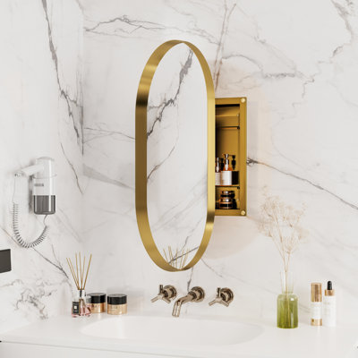 Armoire à miroir murale encastrée ovale 20 po x 34 po, cadre en métal doré mat avec tablettes réglables pour le rangement de l'armoire de salle de bain et tablettes