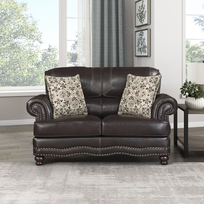 Daishun 65.5" Traditional Loveseat with Breathable Faux Leather Upholstery, Sophisticated Nailhead Trim & Two Decorative Pillows