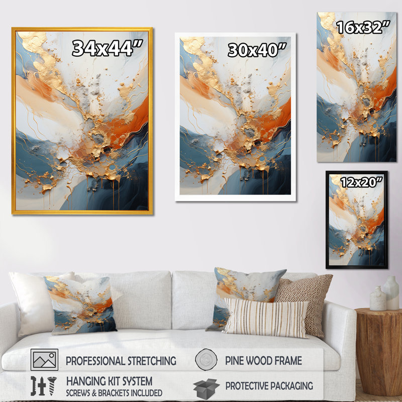 Golden Sunrisre abstrait or et bleu nova I - reproduction d'art sur toile encadrée, H 20 po x l 12 po x P 1 po, Toile tendue