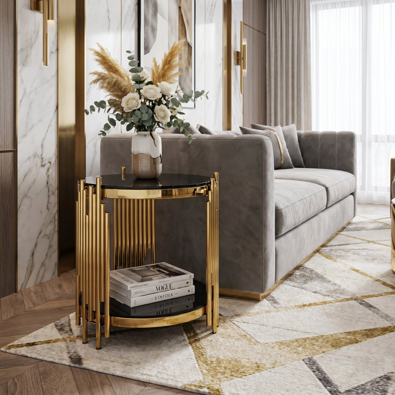 Modern Luxury Round Glass End Table,2-Tier Tempered Glass Side Table with Stainless Steel Frame 
