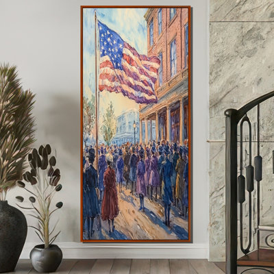 Un rassemblement pour le suffrage des femmes à l'extérieur de la convention - États-Unis, patriotiste, impressions encadrées