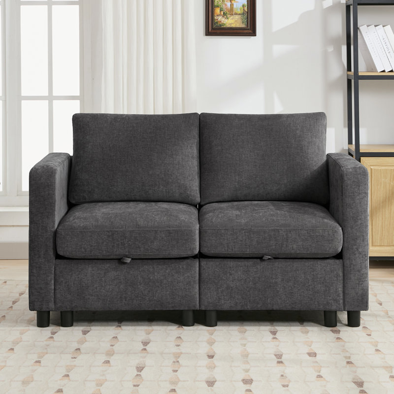 58.3” Upholstered Loveseat Modular Sofa With Under-Seat-Storage, Chenille, Dark Gray Chenille