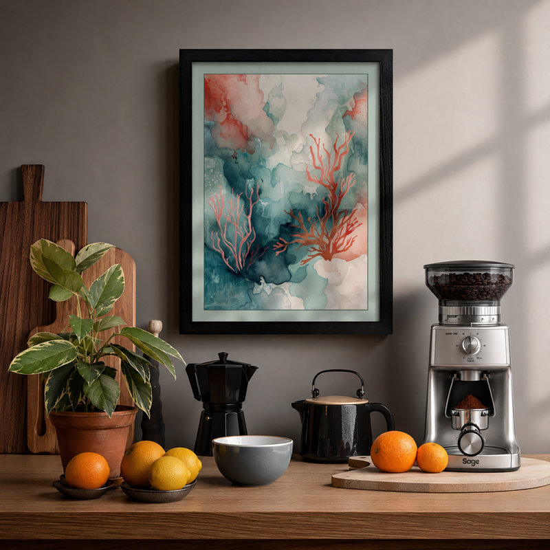 Coral Depths Coastal - Framed Print, A4 - 29.7 x 21.0 cm, Black