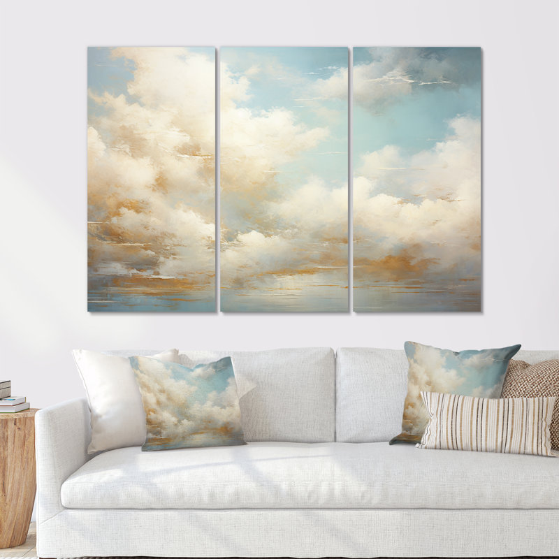 «Beige Gold Minimalisme Clouds I», ensemble d'art mural nuages, Toile tendue, H 40 po x l 60 po x P 1 po